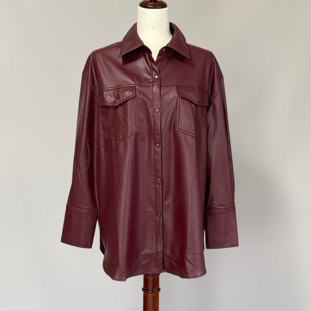 Cleo Petites Faux Leather Snap Button Long Sleeve Top